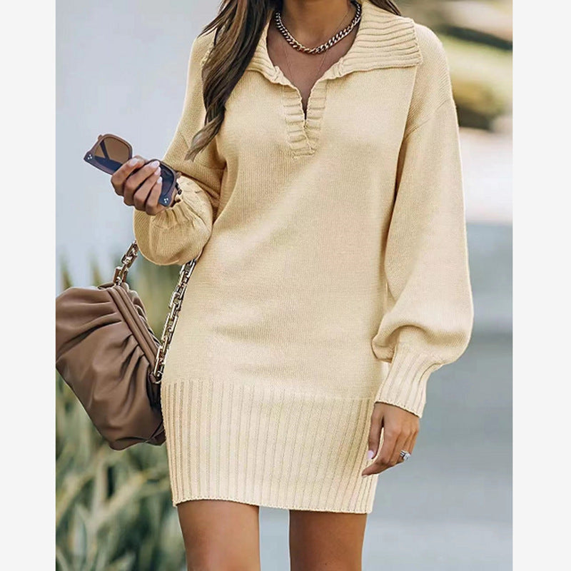 IvyShape | Stylish Mid-Length Lapel Lantern Sleeve Knitted Dress