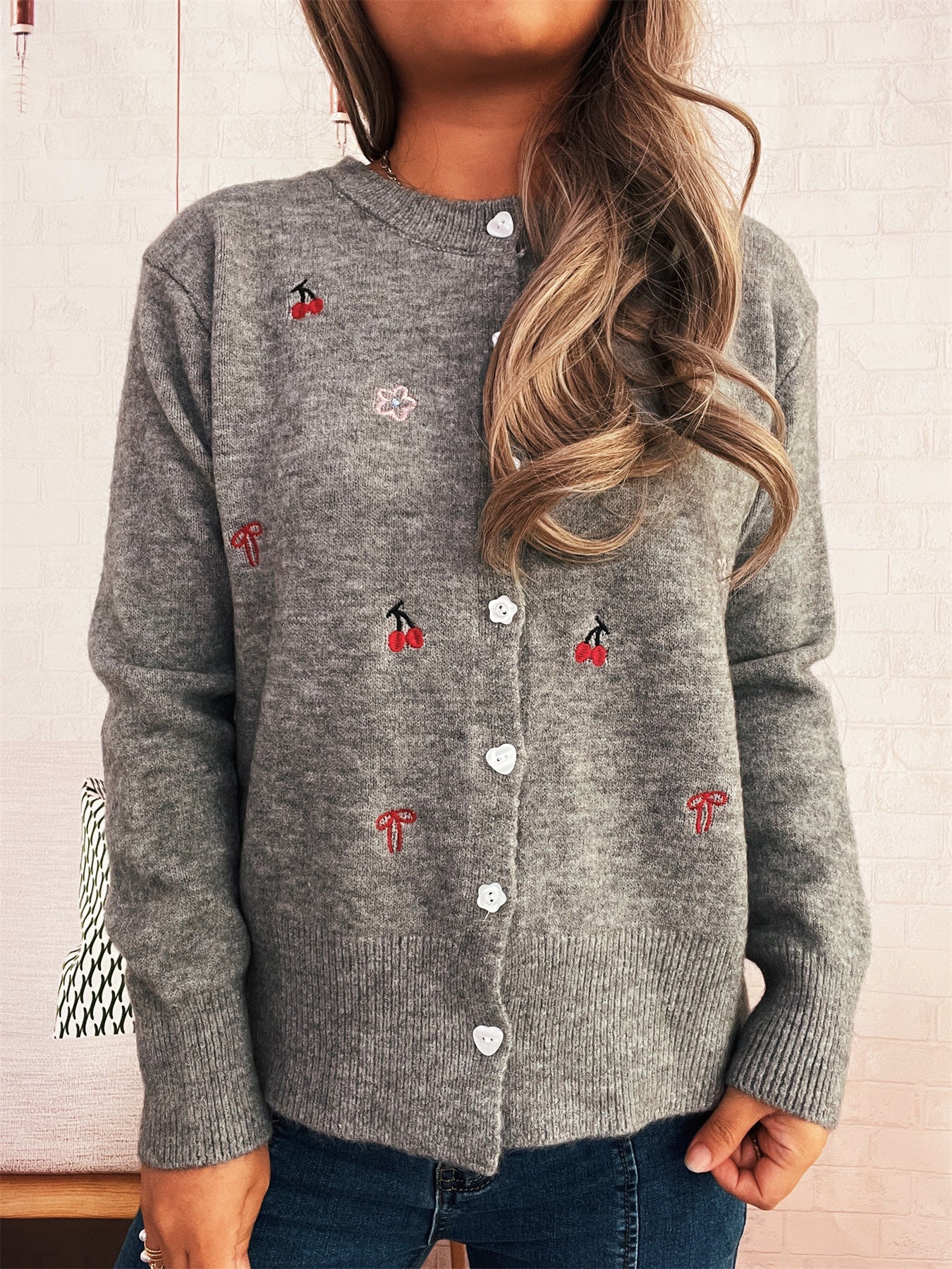 Women's cardigan with loving flower and cherry design Ivyshape