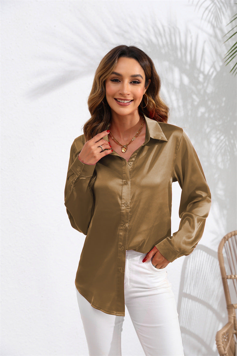 Women Elegant Silk Blouse with Button Front and Tie Ivyshape