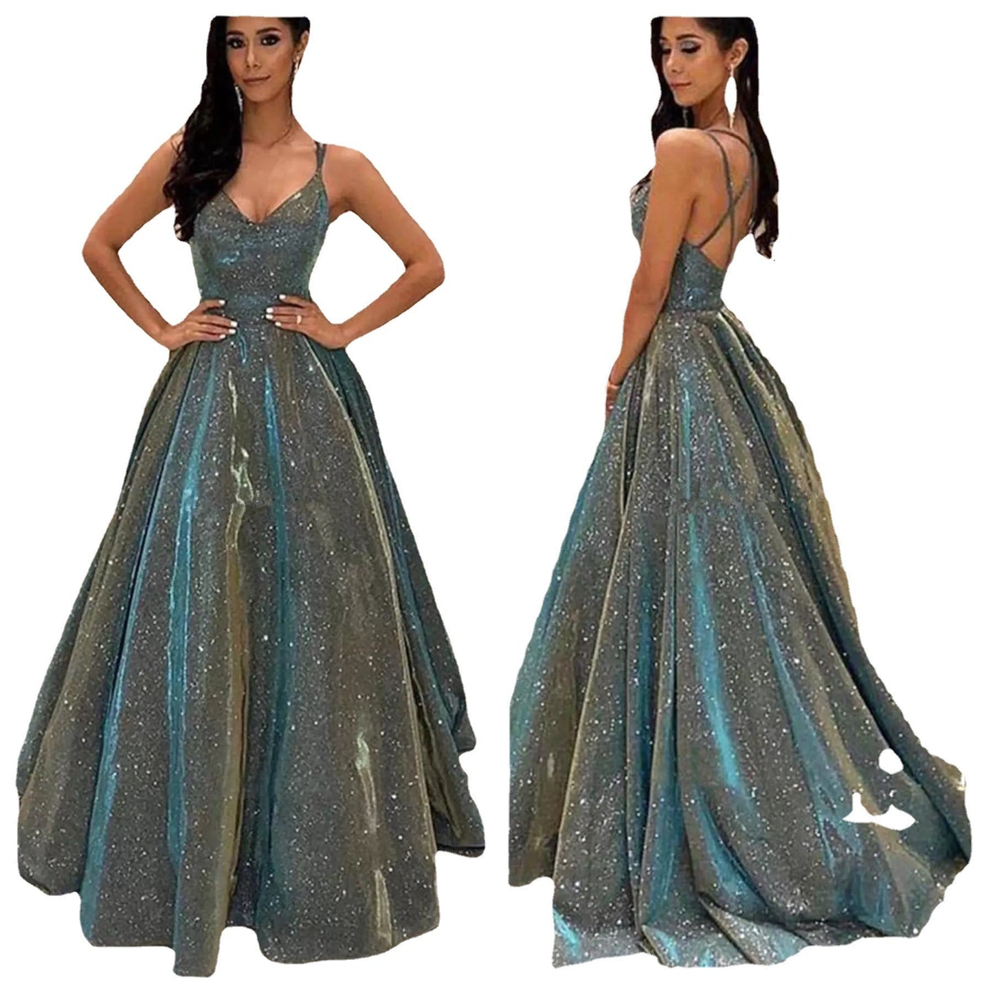 Ivyshape | Women's Spaghetti Strap V-Neck A-Line Glitter Maxi Ball Gown