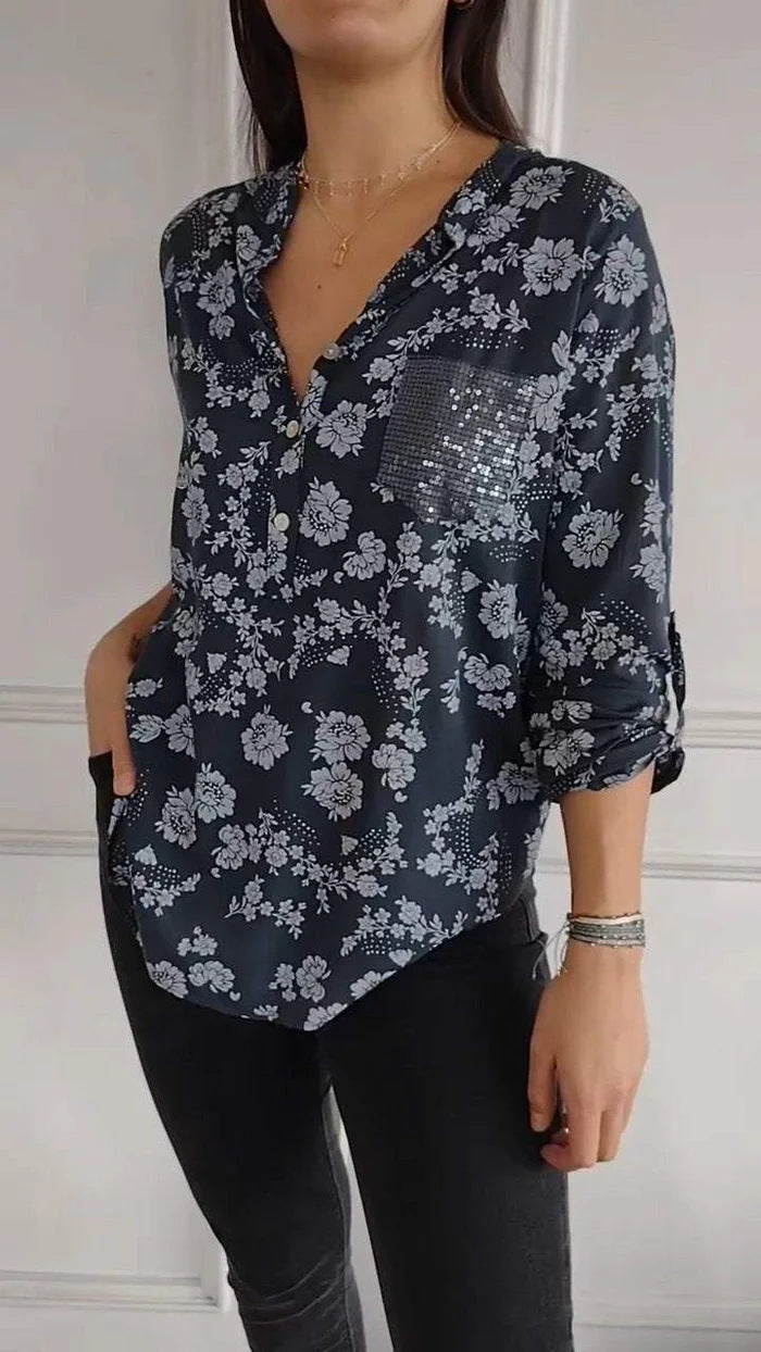 Ivyshape | Printed Sequin Shirt With Long Sleeves