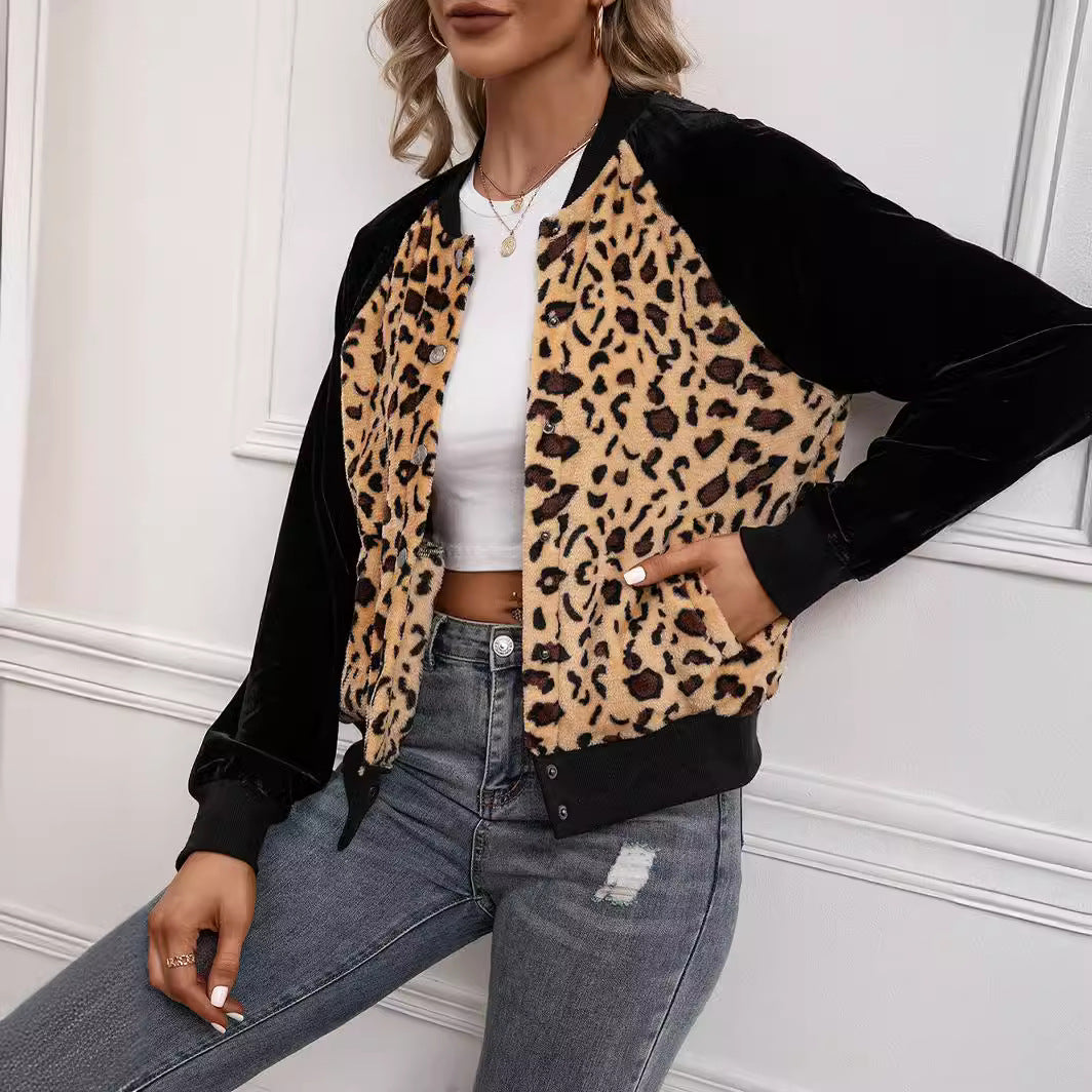 Ladies elegant bomber jacket with leopard pattern and velour trim Ivyshape