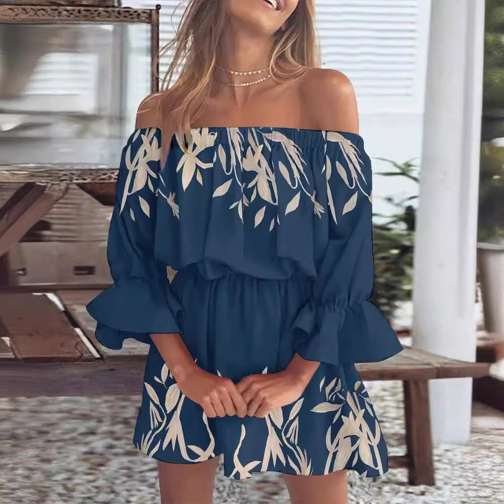 Ladies Summer Off-Shoulder Dress with Floral Pattern Ivyshape