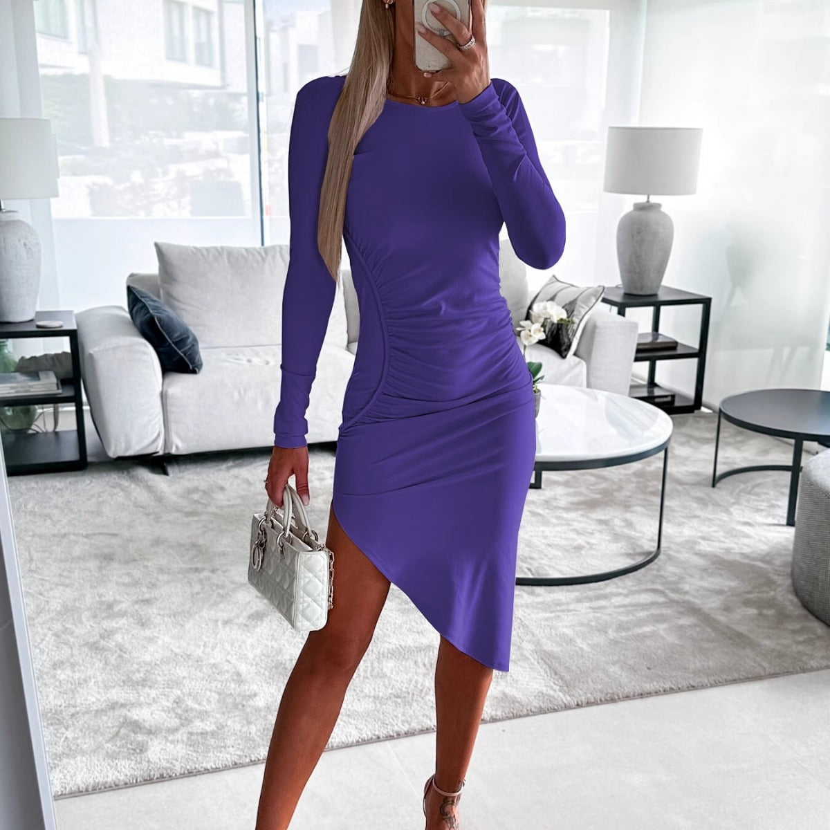 Women fitted long-sleeve dress with asymmetric cut and gathers Ivyshape