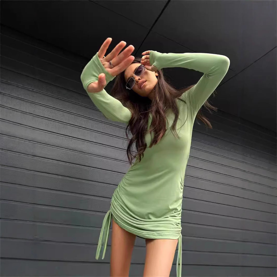 Women Figure-hugging long-sleeved mini dress with side gathering Ivyshape