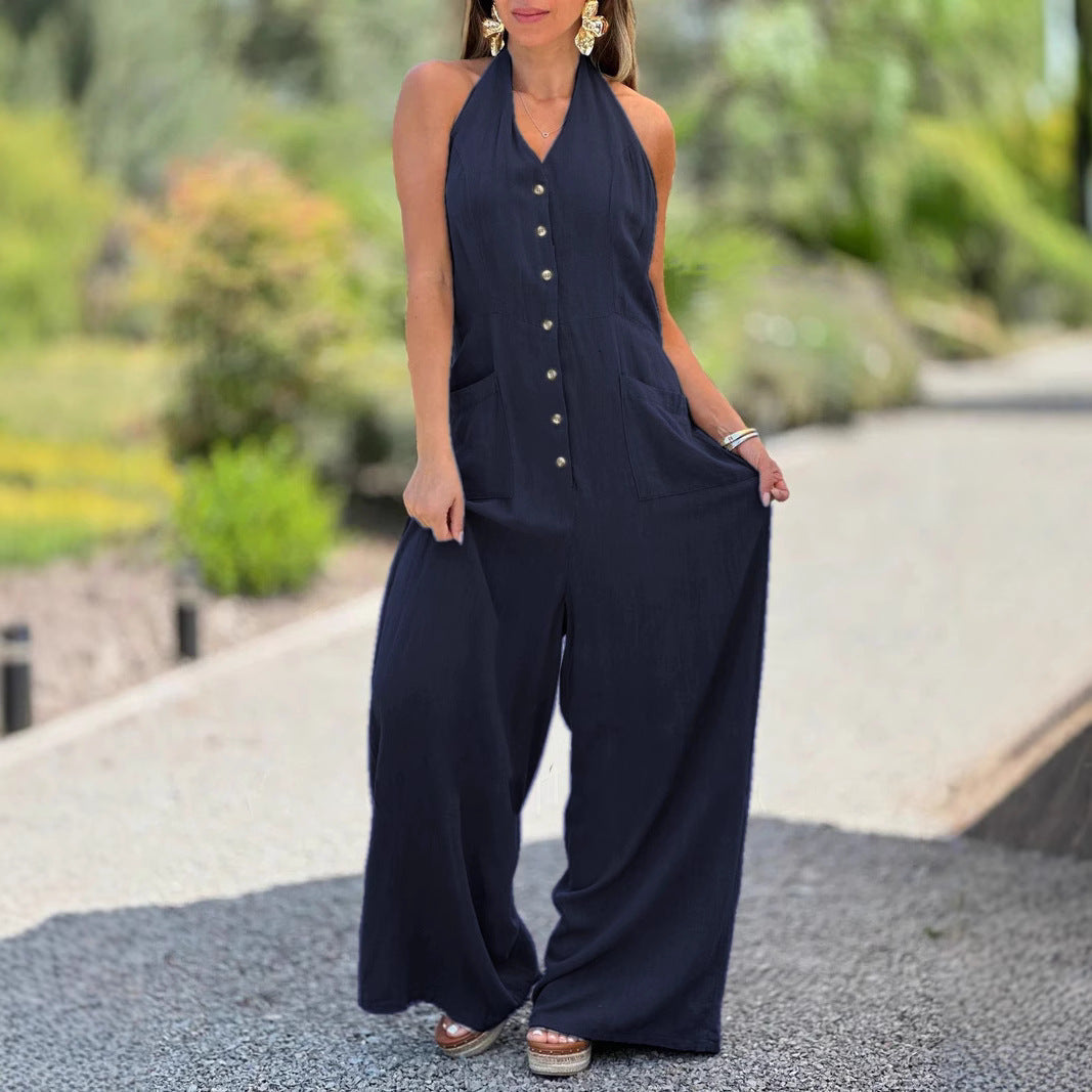 IvyShape | Backless Sleeveless Loose Cotton Linen Tie Jumpsuit