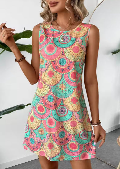 Women Sleeveless Boho Print Shift Dress Ivyshape