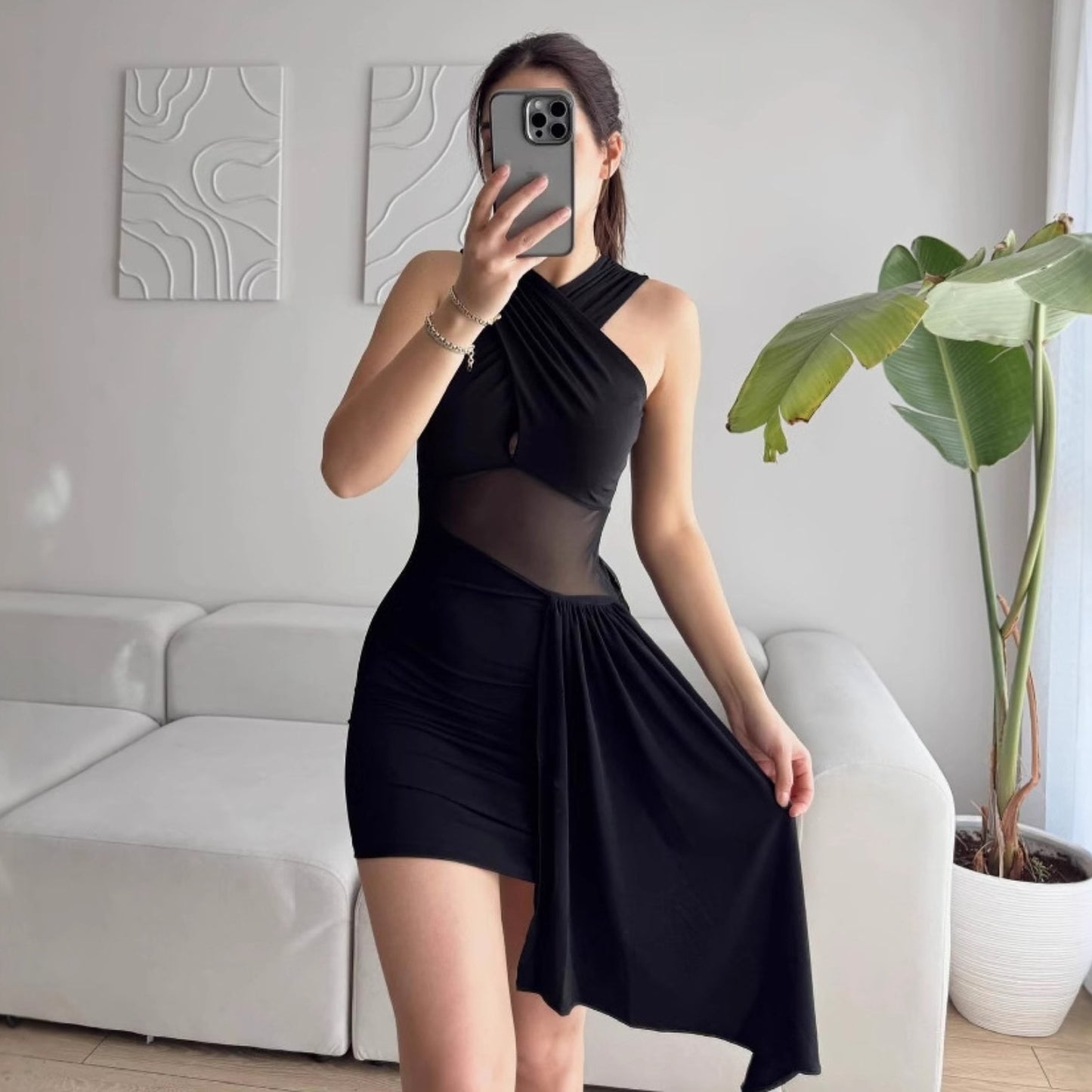 Women's fitted cocktail dress with asymmetric cut and transparent inserts Ivyshape