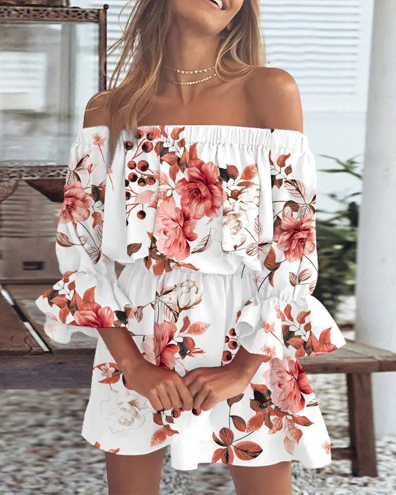 Ladies Summer Off-Shoulder Dress with Floral Pattern Ivyshape