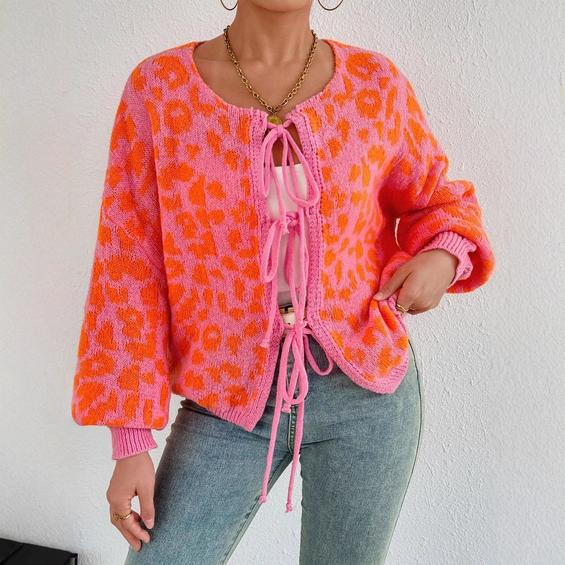 Women's cardigan with unique leopard pattern and adjustable drawstring ...