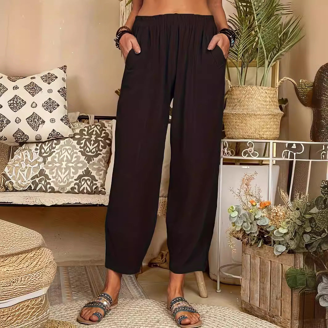 Women casual chino pants with elastic waistband and practical side pockets Ivyshape