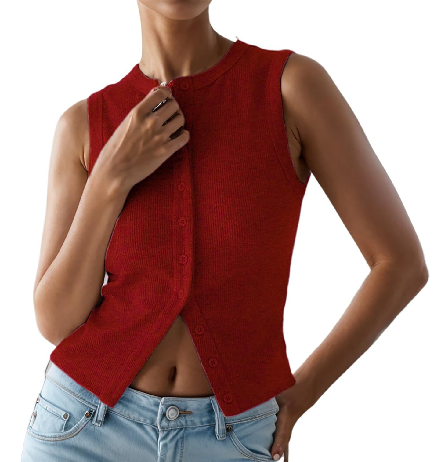 Ladies Short Sleeve Ribbed Knit Top with Button Placket Ivyshape