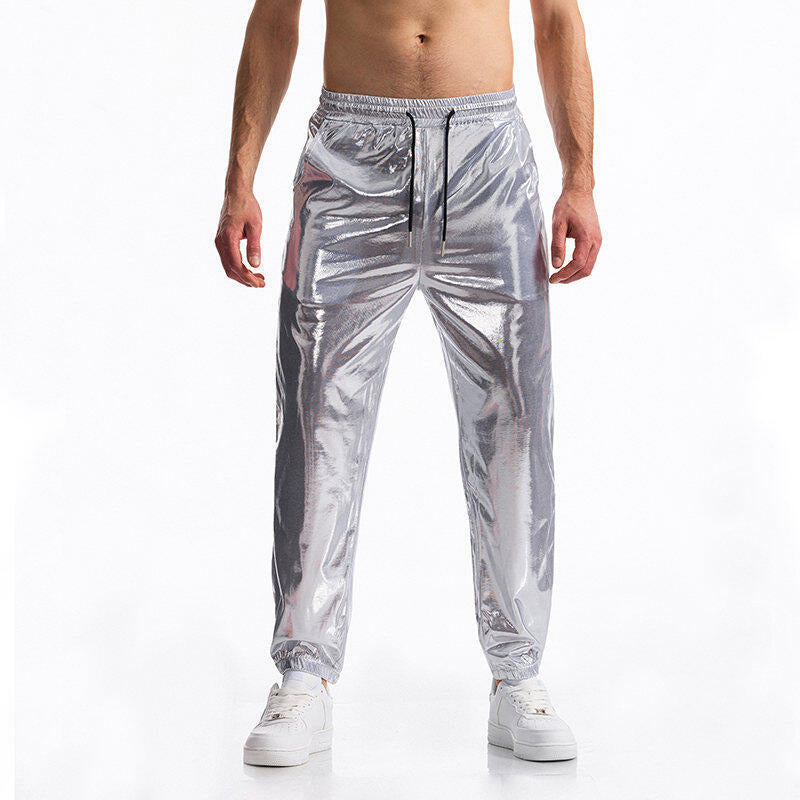 Men's fashionable sports pants with shiny surface and elastic waistband Ivyshape