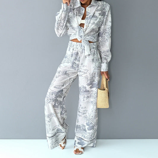 IvyShape | Printed Tie Shirt and Long Pants Fashion Set