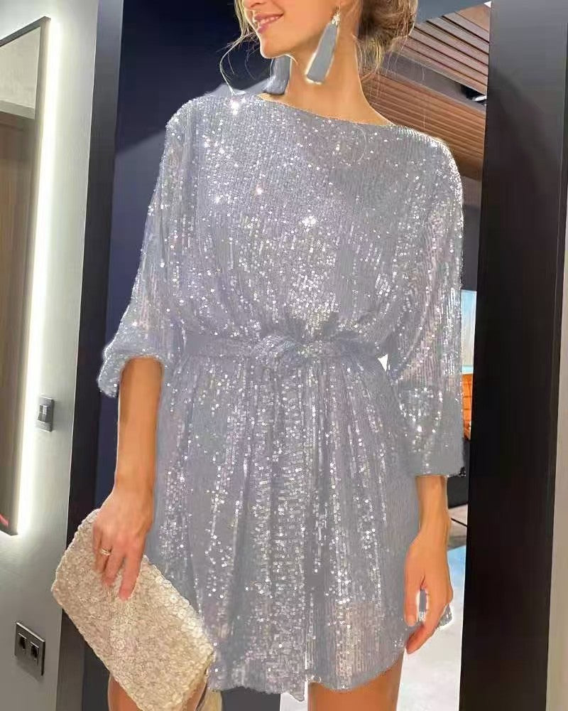 Women's Sparkling Mini Dress with Long Sleeves and Iridescent Fabric Ivyshape