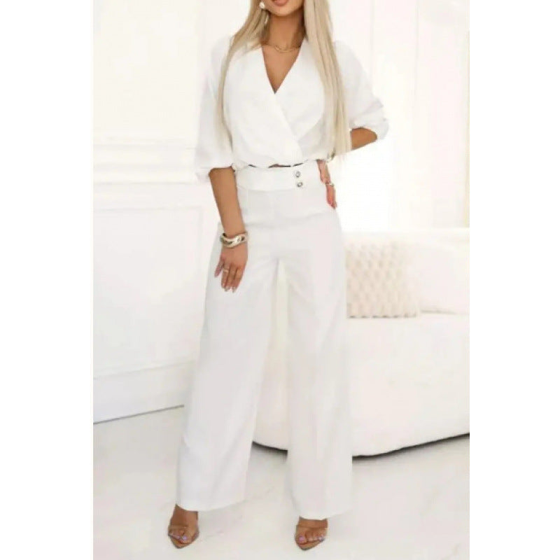Ladies elegant jumpsuit with wrap top and wide leg Ivyshape