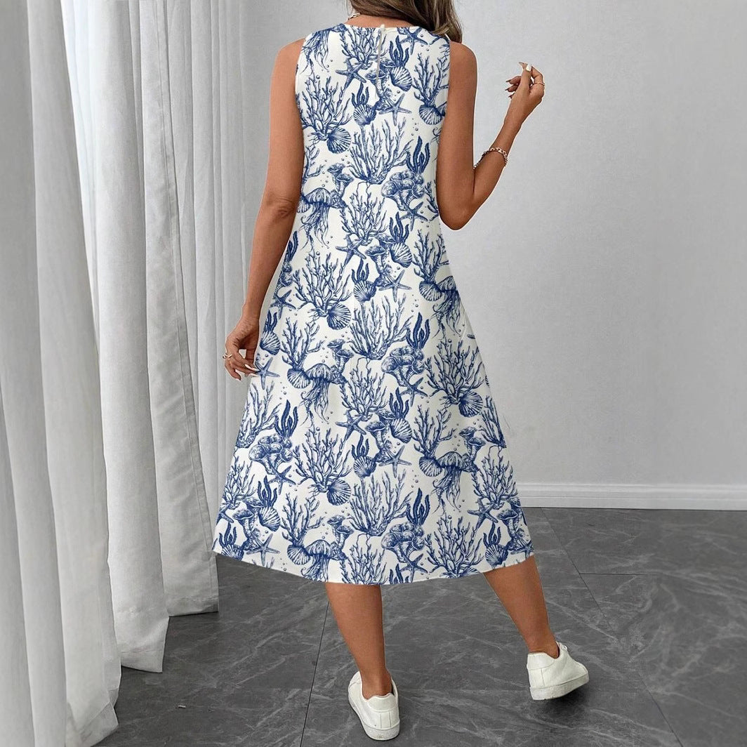 Women's summer midi dress with maritime pattern and beautiful cut Ivyshape