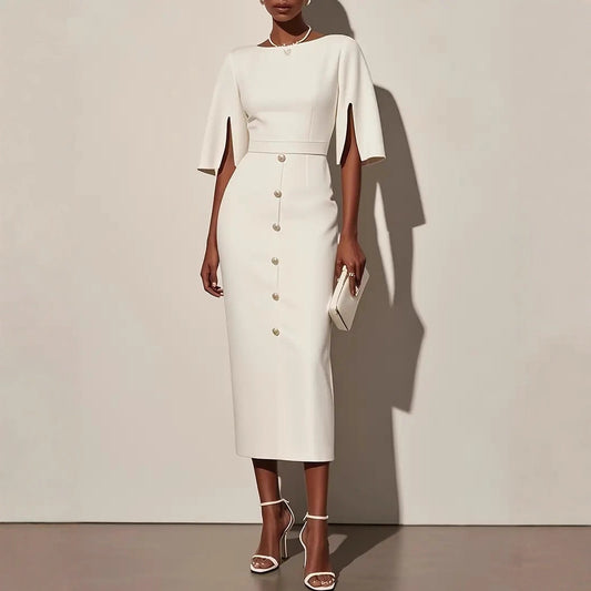 Ladies Stylish Button Placket Midi Dress Ivyshape