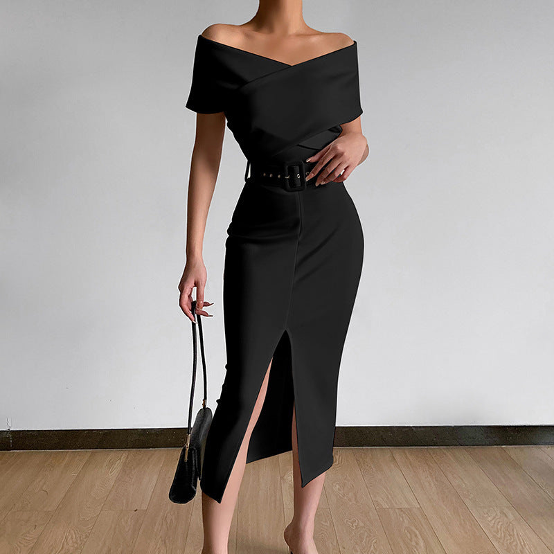 Women's Off-Shoulder Bodycon Midi Dress with Belt Ivyshape