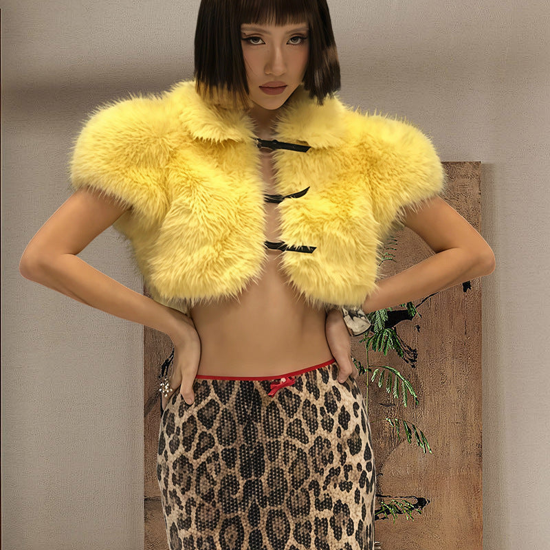 Women Faux Fur Jacket with Short Cut and Decorative Closures Ivyshape