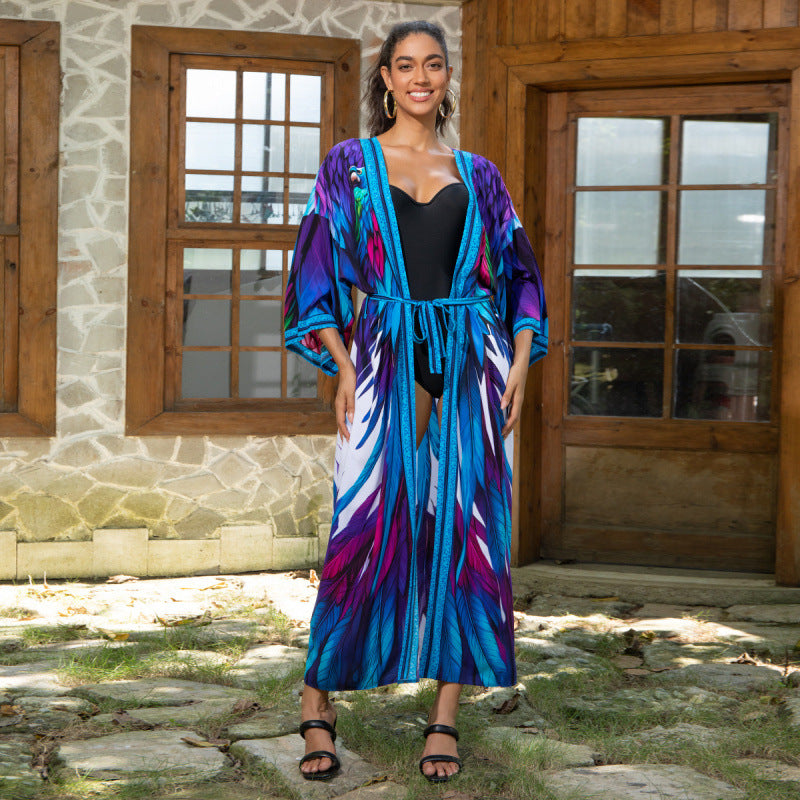 Ladies Shawl Kimono with Vibrant Feather Designs Ivyshape