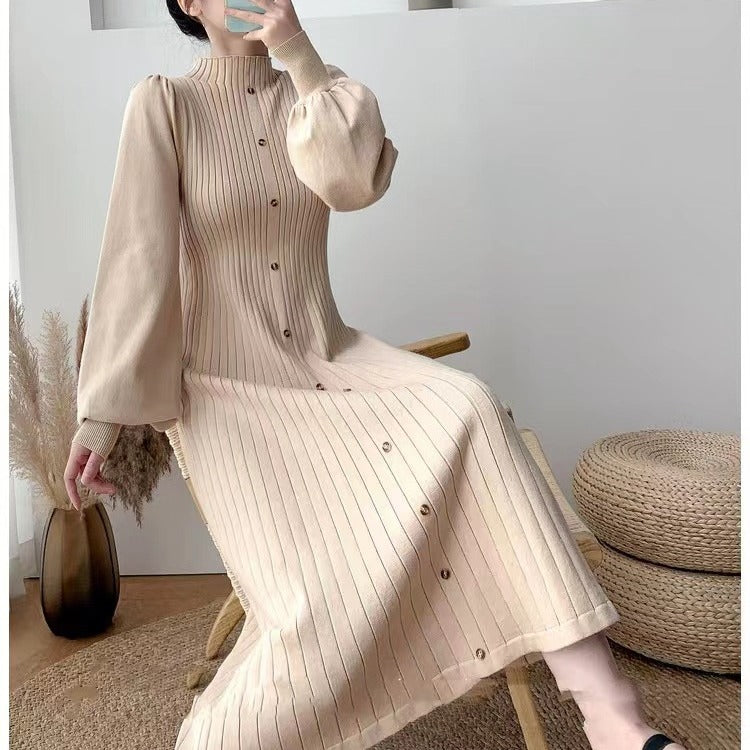 Women Elegant, ribbed button dress with long sleeves Ivyshape