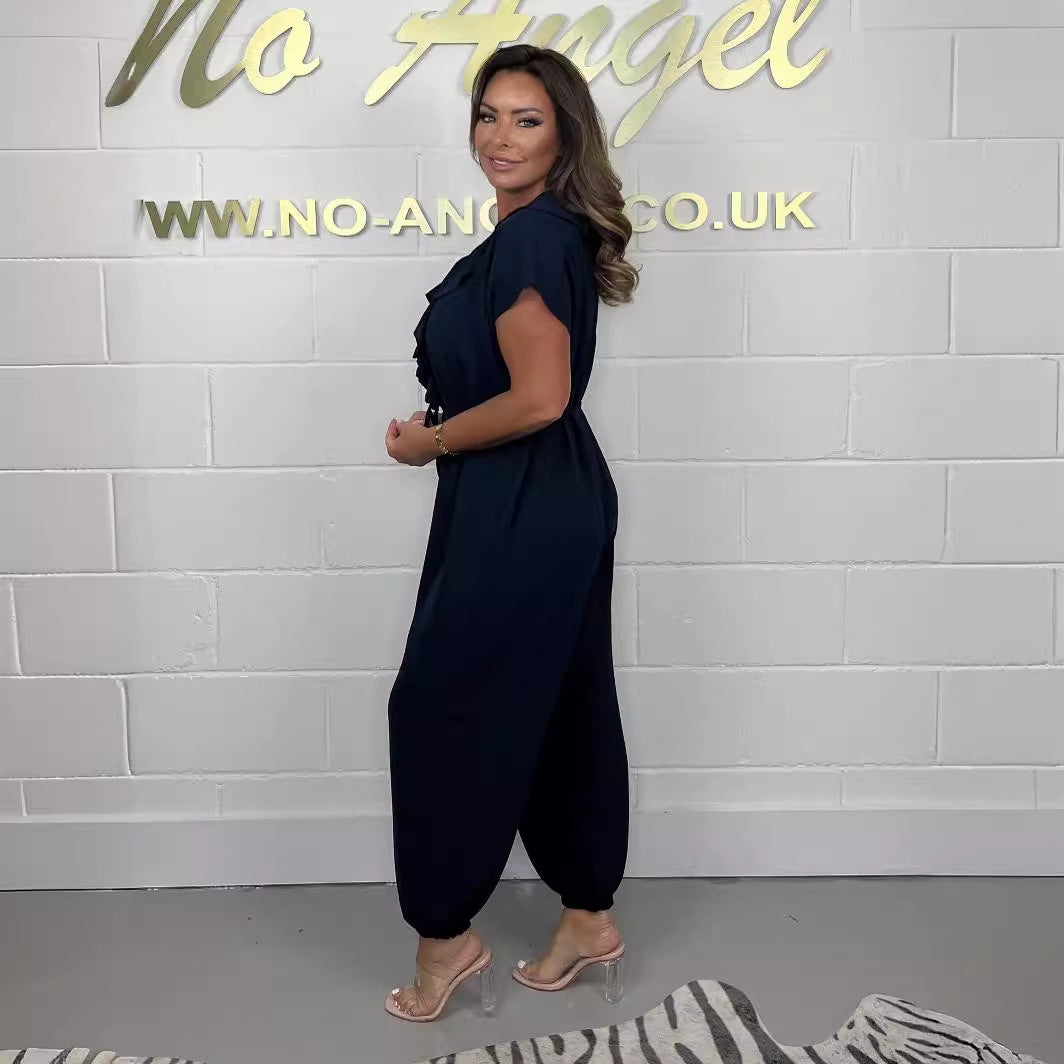 Women's jumpsuit with ruffle details and tie belt Ivyshape