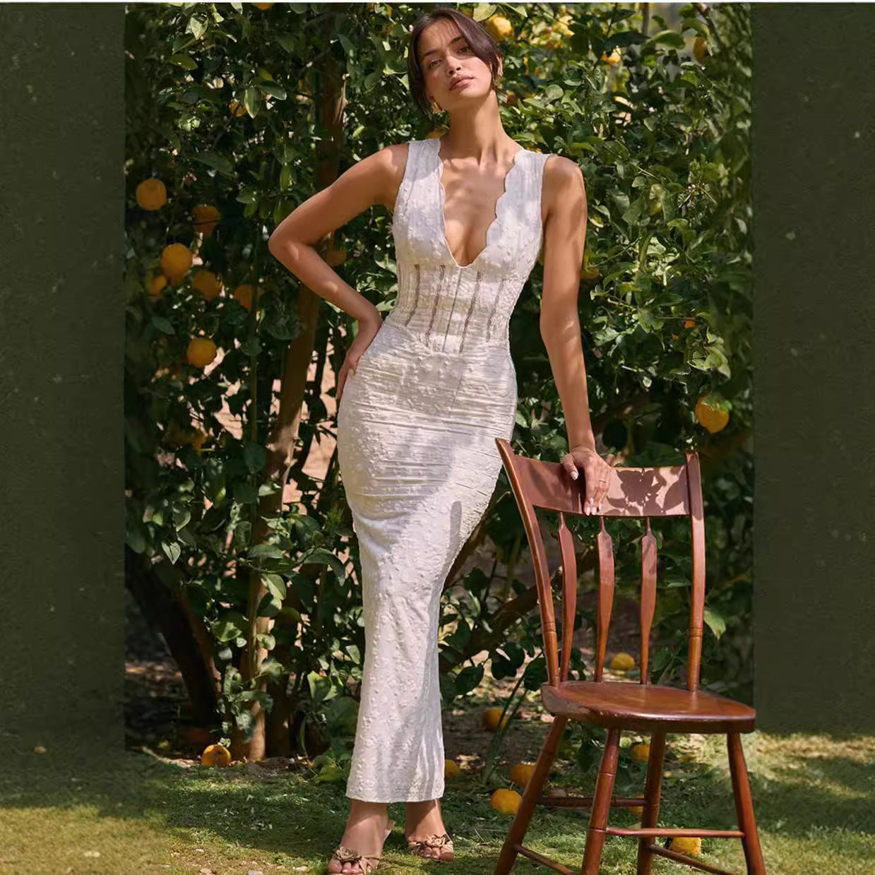 Women Figure-hugging Lace Dress with Deep V-neck and Shimmering Details Ivyshape