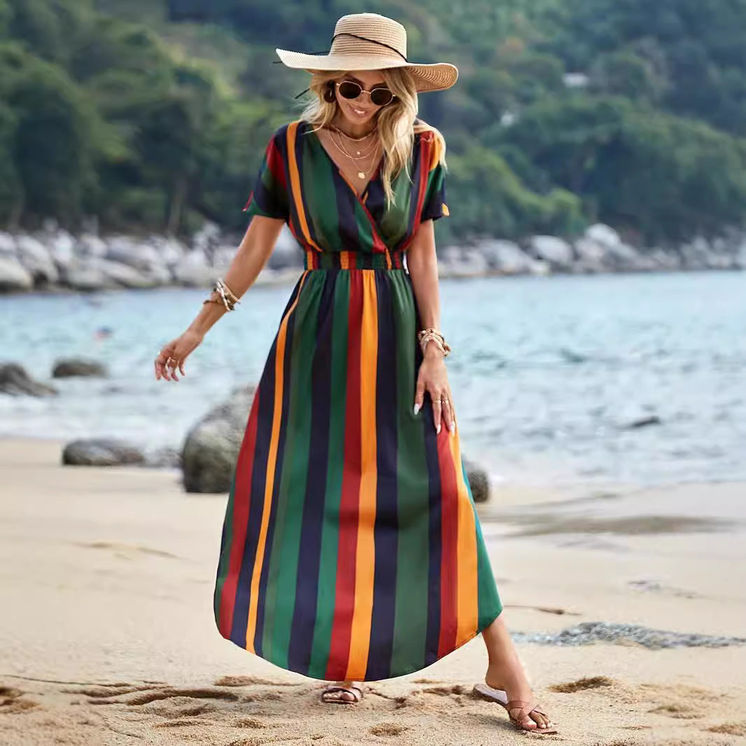 IvyShape | Striped Elastic Waist Seaside Beach Dress