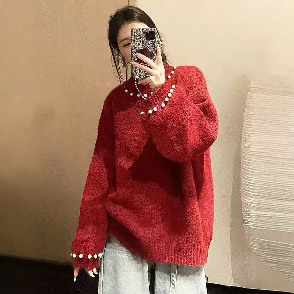 Women Elegant Sweater with Pearl Design and Casual Cut Ivyshape