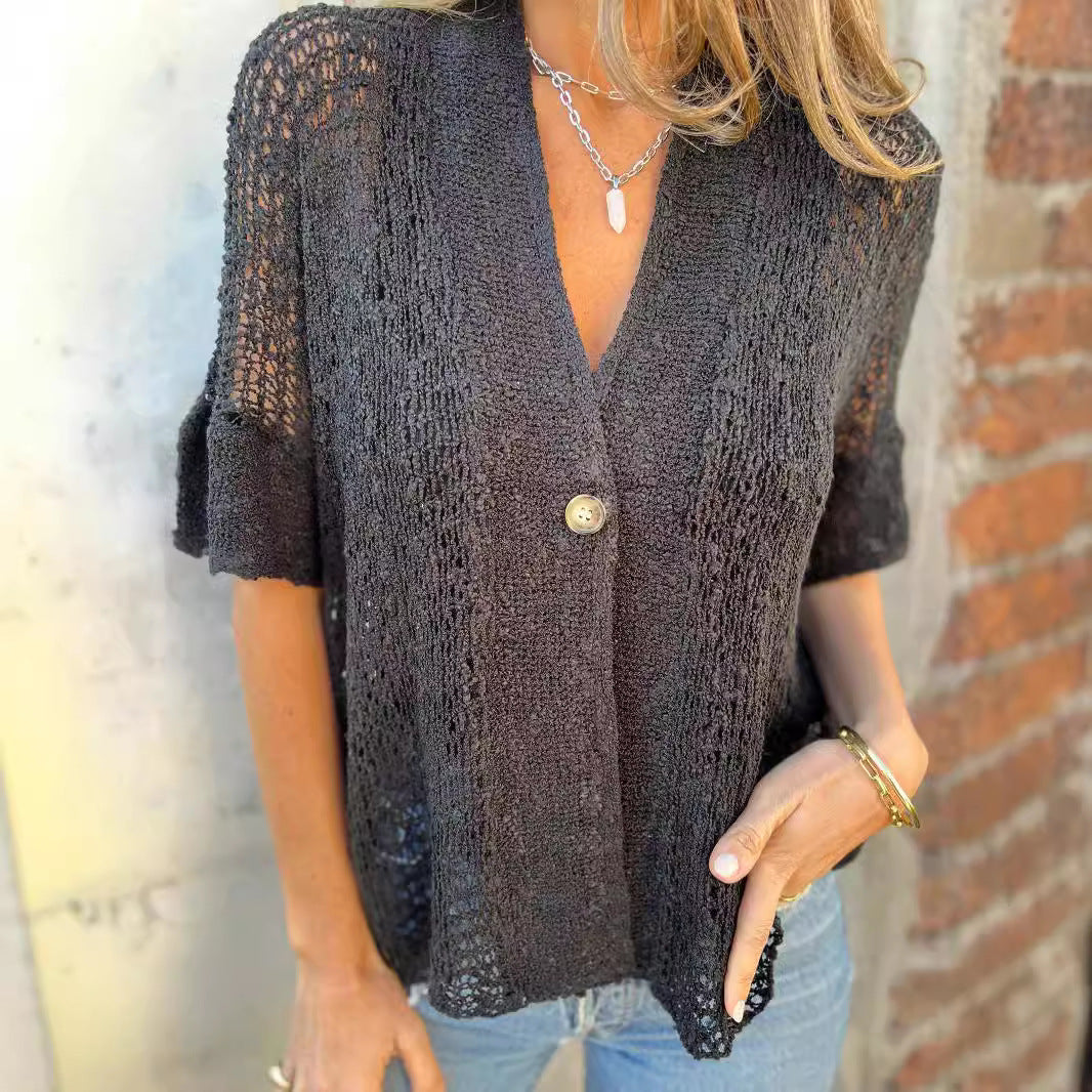 IvyShape | Buttoned Hollow Out Three-Quarter Sleeve Cardigan Top