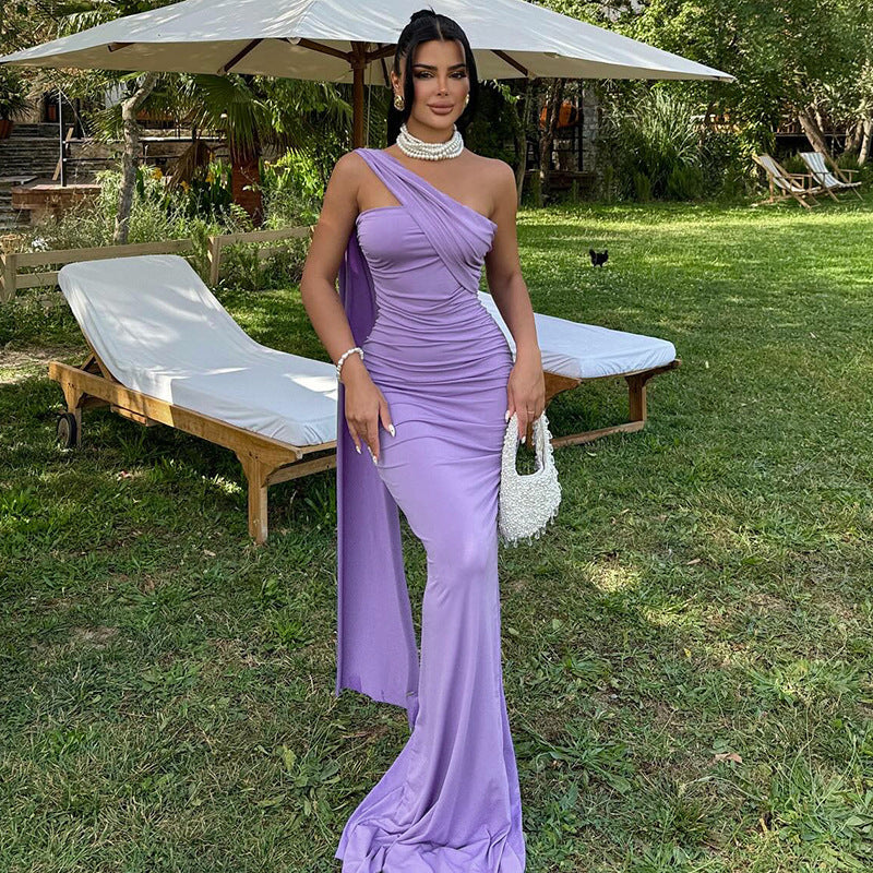 Women Elegant Tailored Evening Dress with Asymmetrical Neckline and Flowing Chiffon Ivyshape