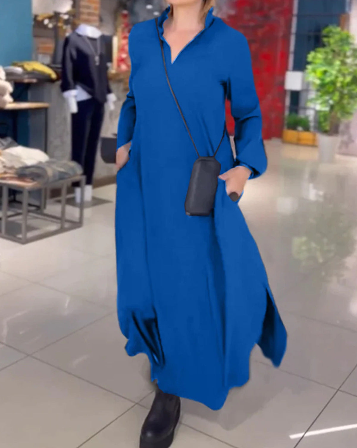 Women Long Sleeve Dress with Practical Insert Pockets and Elegant Stand-Up Collar Ivyshape
