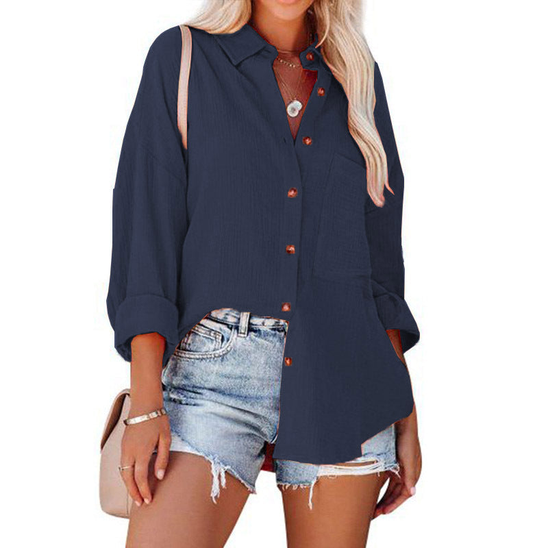 Ladies Chiffon Shirt with Wide Sleeves and Practical Breast Pocket Ivyshape