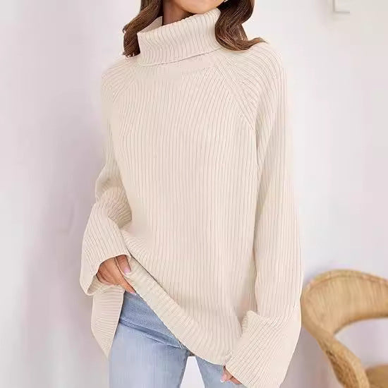 Women Cashmere Fine Knit Sweater with High Collar and Loose Fit Ivyshape