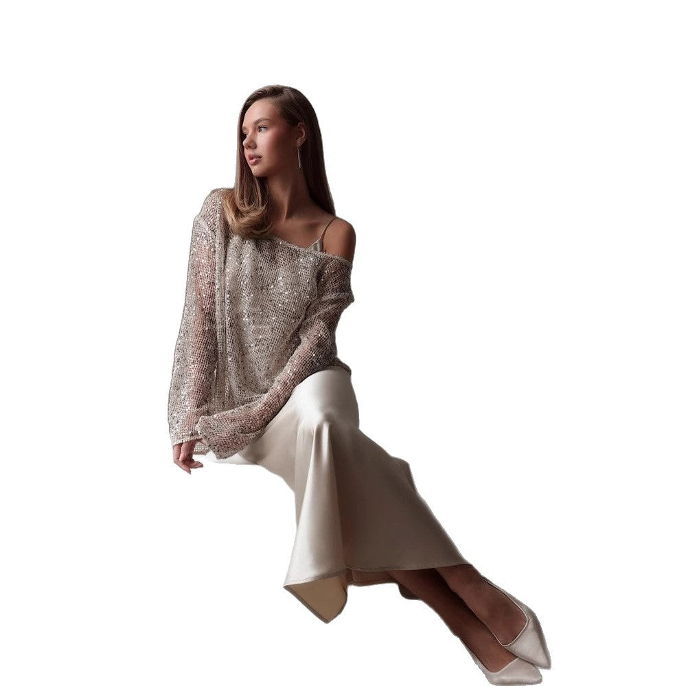 Women's Sparkling Evening Blouse with Asymmetrical Cut Ivyshape