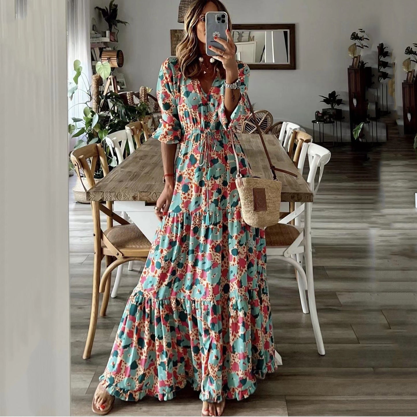 IvyShape | V-Neck Printed Large Hem Long Dress