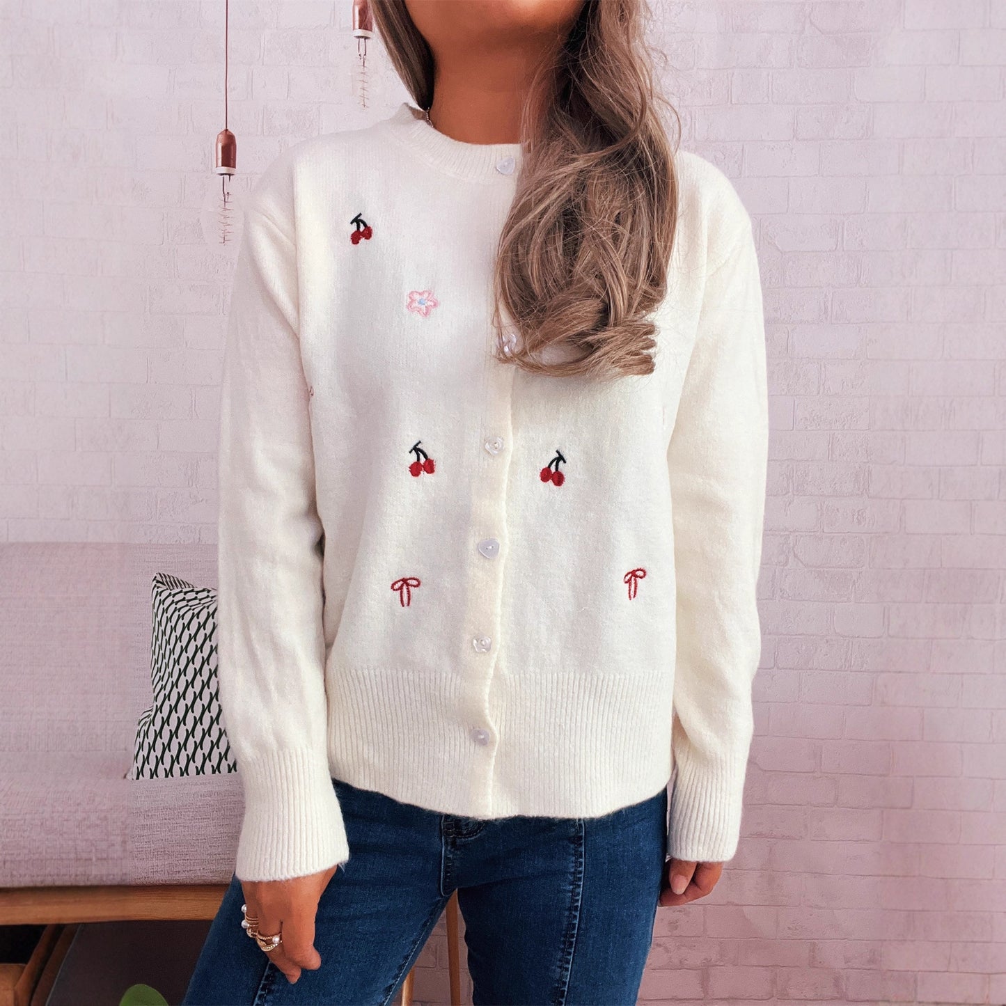 Women's cardigan with loving flower and cherry design Ivyshape