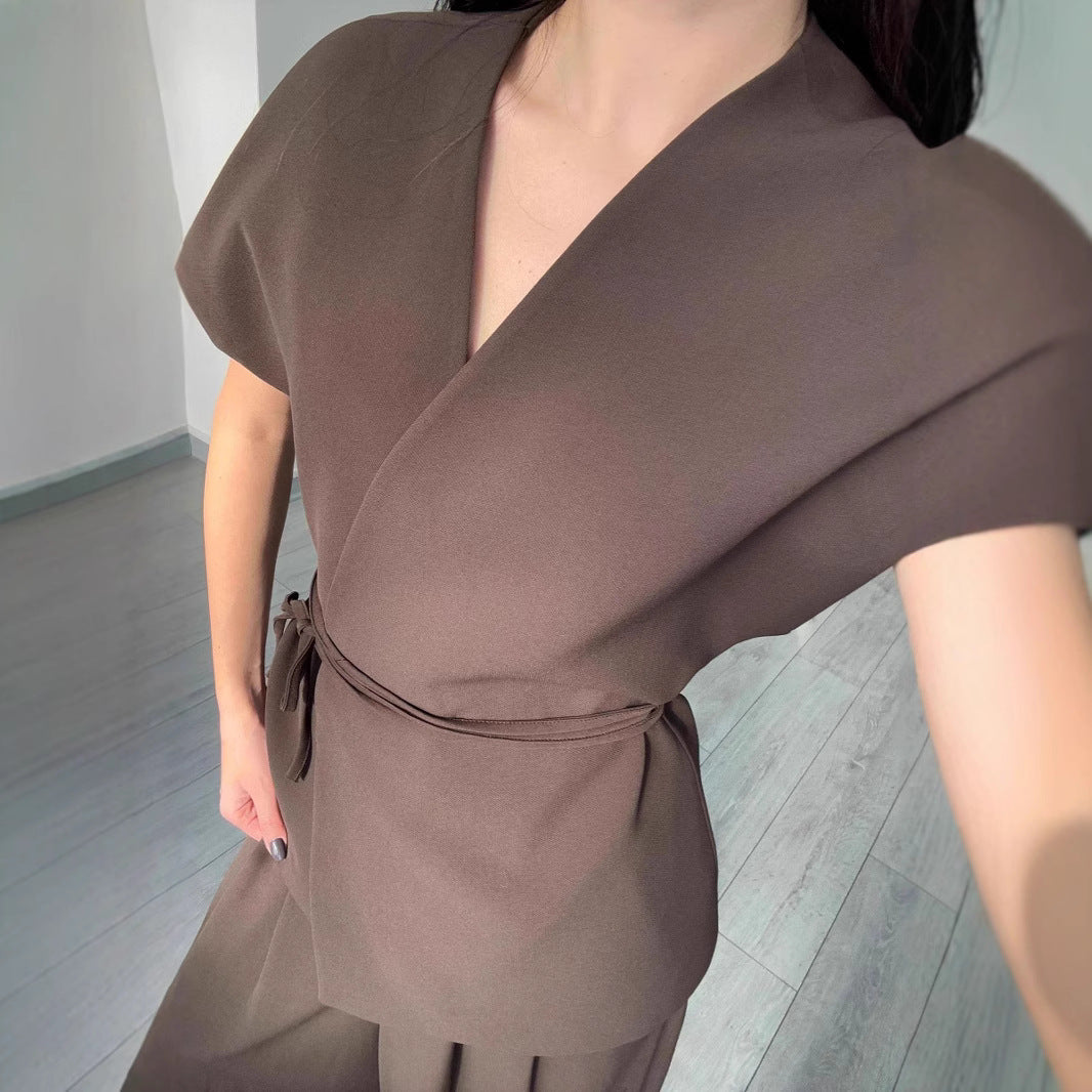 Women Elegant Wrapped Top and Wide Leg Pant Set Ivyshape