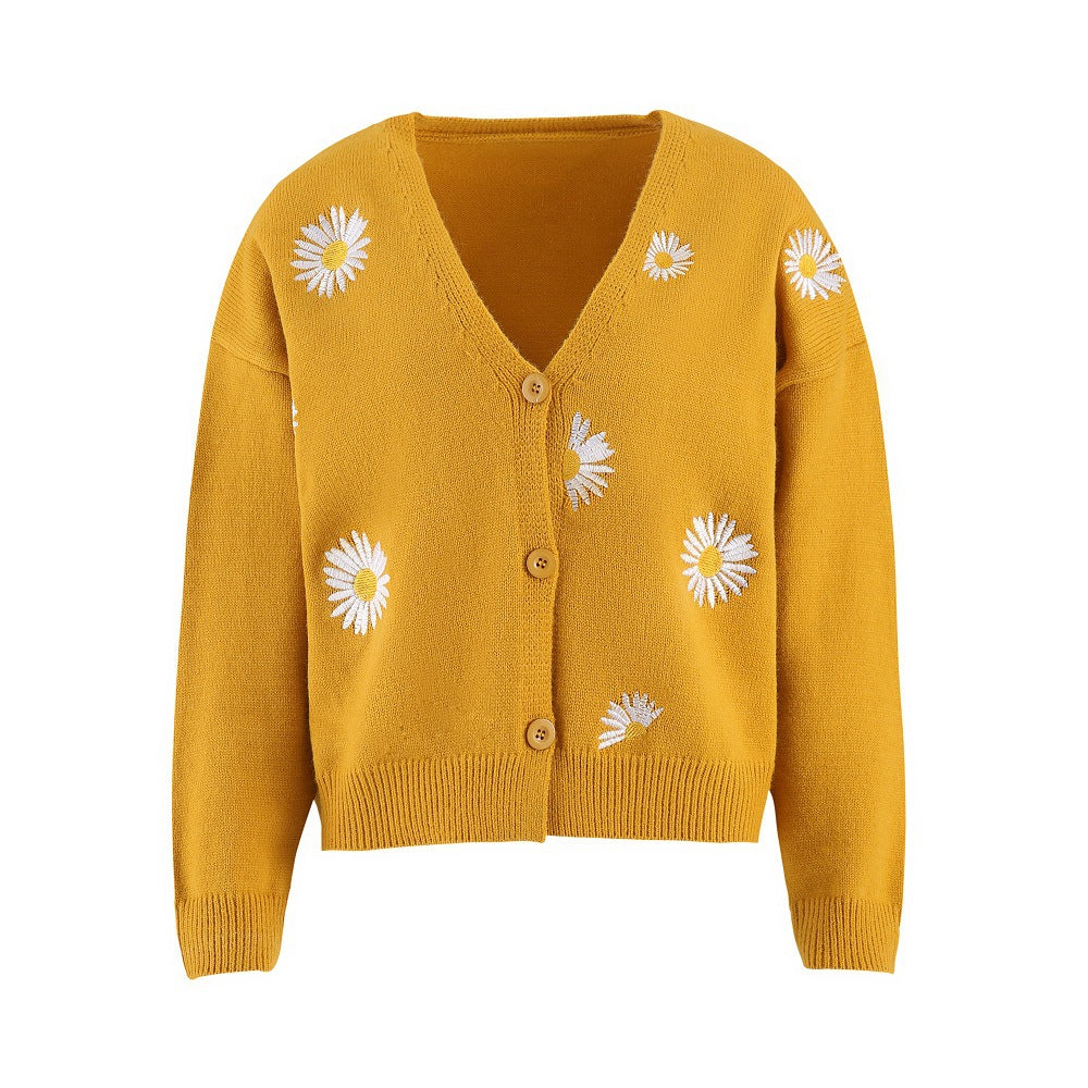 Ivyshape | Up Daisy Embroidery V-Neck Sweater Cardigan