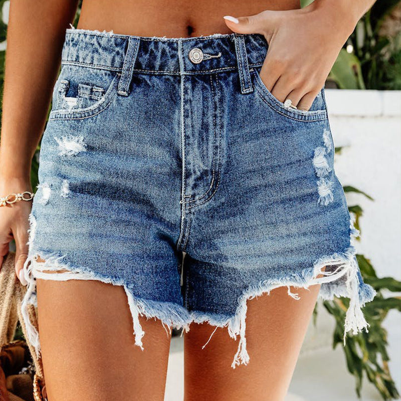 Women High-Waisted Destroyed Denim Shorts with Frayed Hems Ivyshape