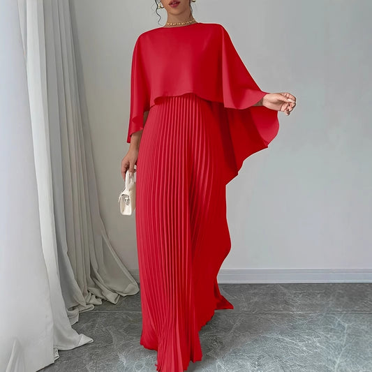 Elegant Women's Maxi Dress with Pleats and Cape Overlay Ivyshape