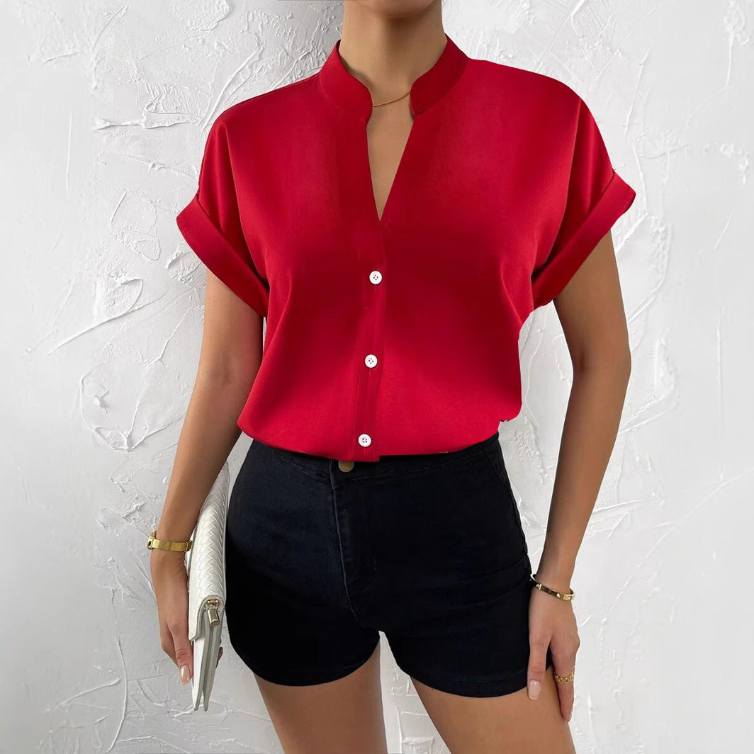 Women Elegant Short Sleeve Blouse with Stand Collar and Subtle Button Details Ivyshape