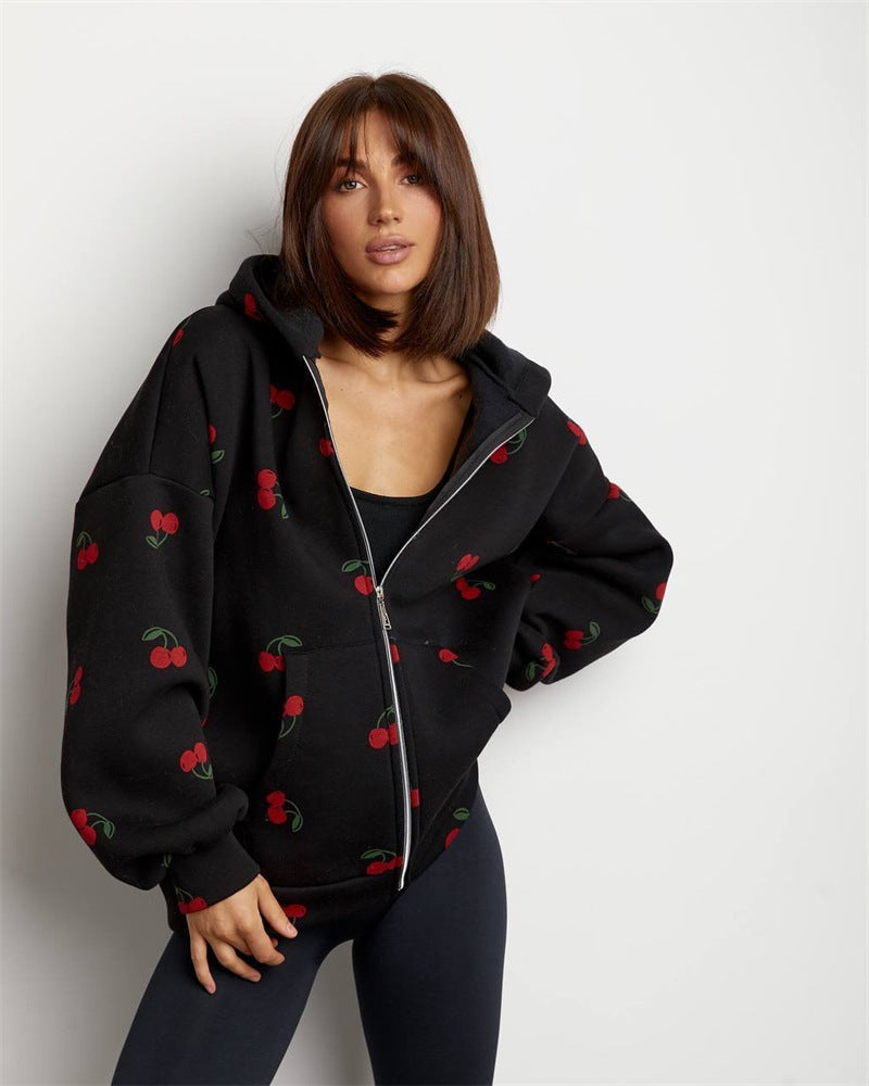 Women's hoodie with fresh cherry pattern and oversized fit Ivyshape