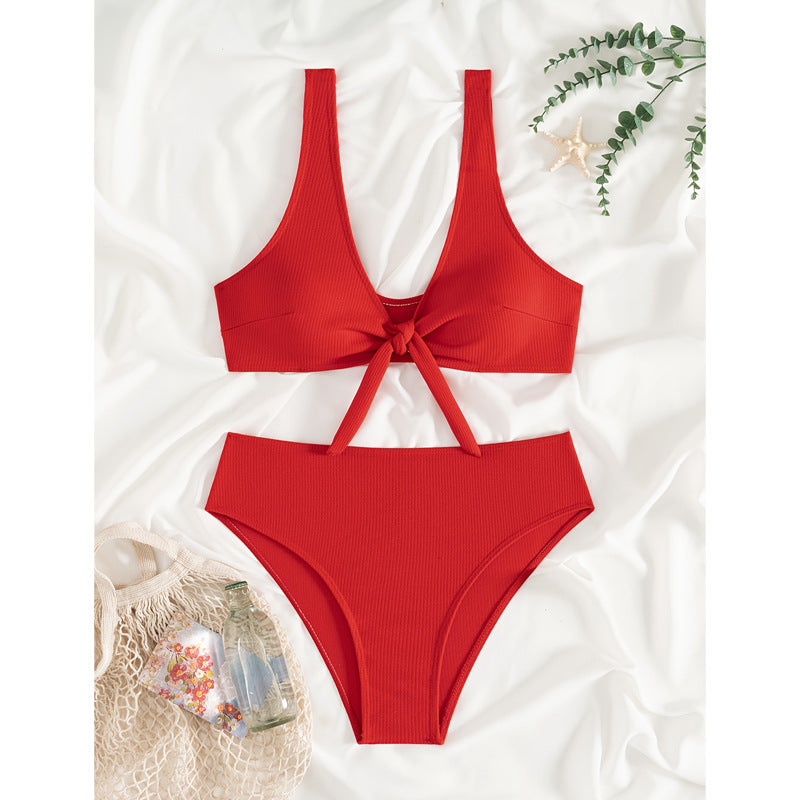 Women's High-Waist Bikini Set with Playful Knot and Textured Surface Ivyshape
