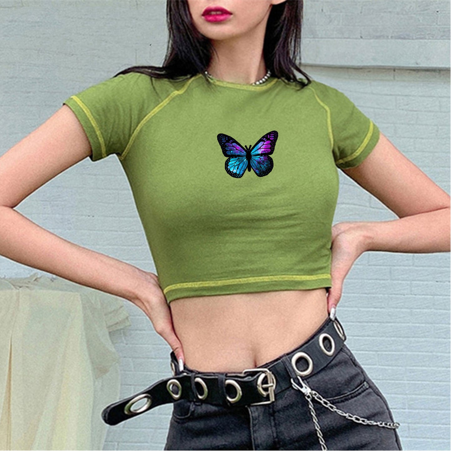 Ladies stylish organic crop top with butterfly print Ivyshape