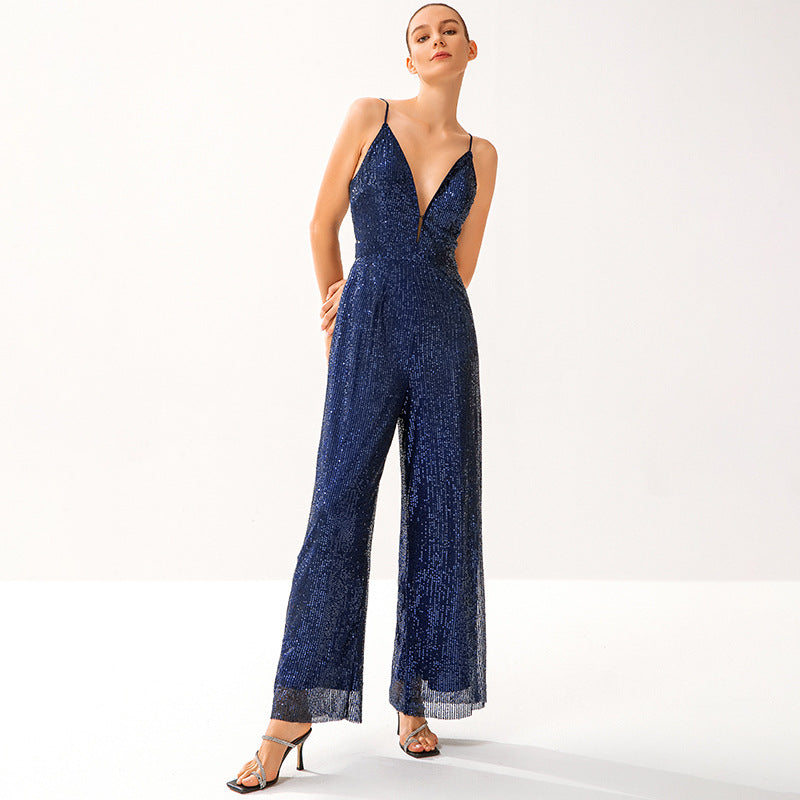 Ladies Glitter Jumpsuit with Deep V-Neck and Wide Leg Cut Ivyshape