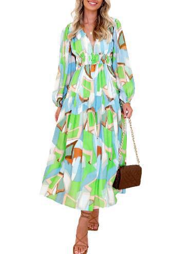 Ivyshape | Women’s Printed V-Neck Long Sleeve Summer Maxi Dress