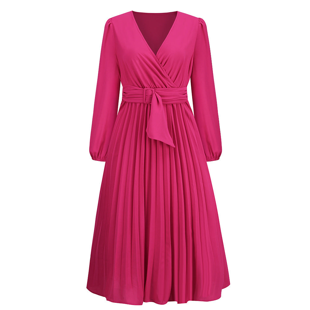Women elegant wrap dress with pleated details and waist belt Ivyshape