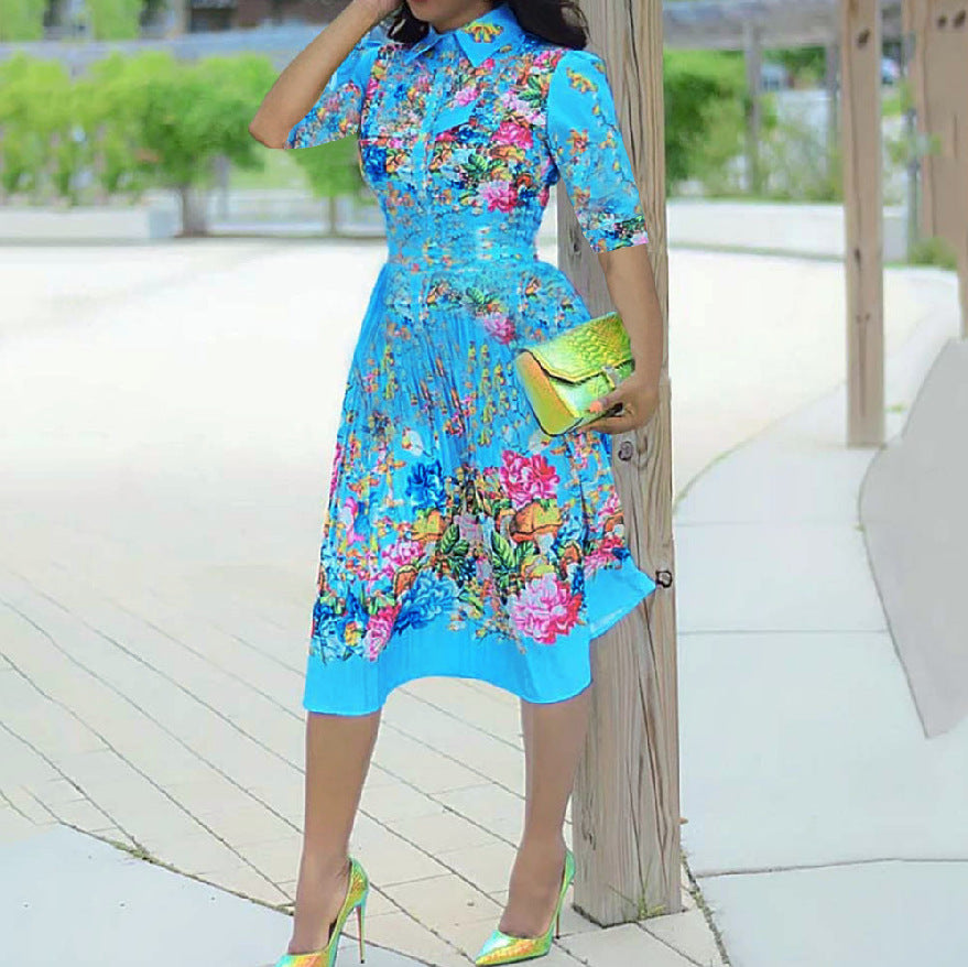 IvyShape | Elegant Printed Lapel Long Sleeve Mid-Length Dress